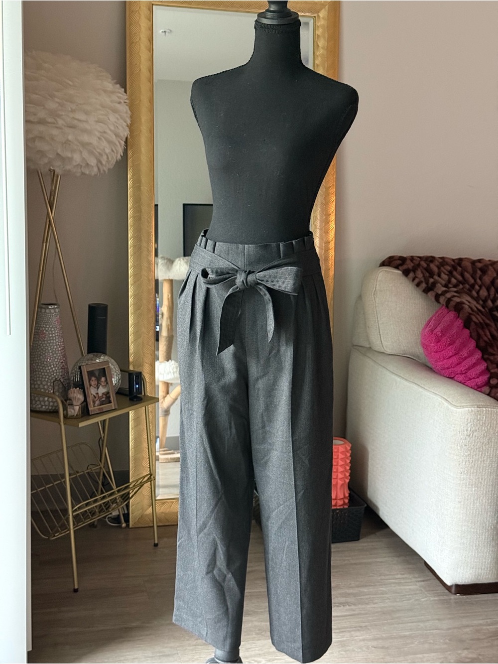 Zara High Rise Paperbag Trousers in Charcoal
